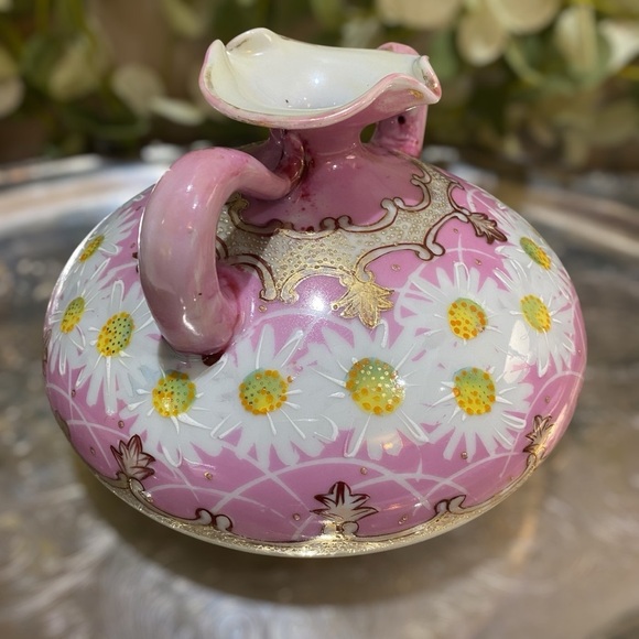 Antique Japan Nippon Vase Daisies Hand Painted Moriage Beaded Pink Handled Squat - Picture 6 of 10